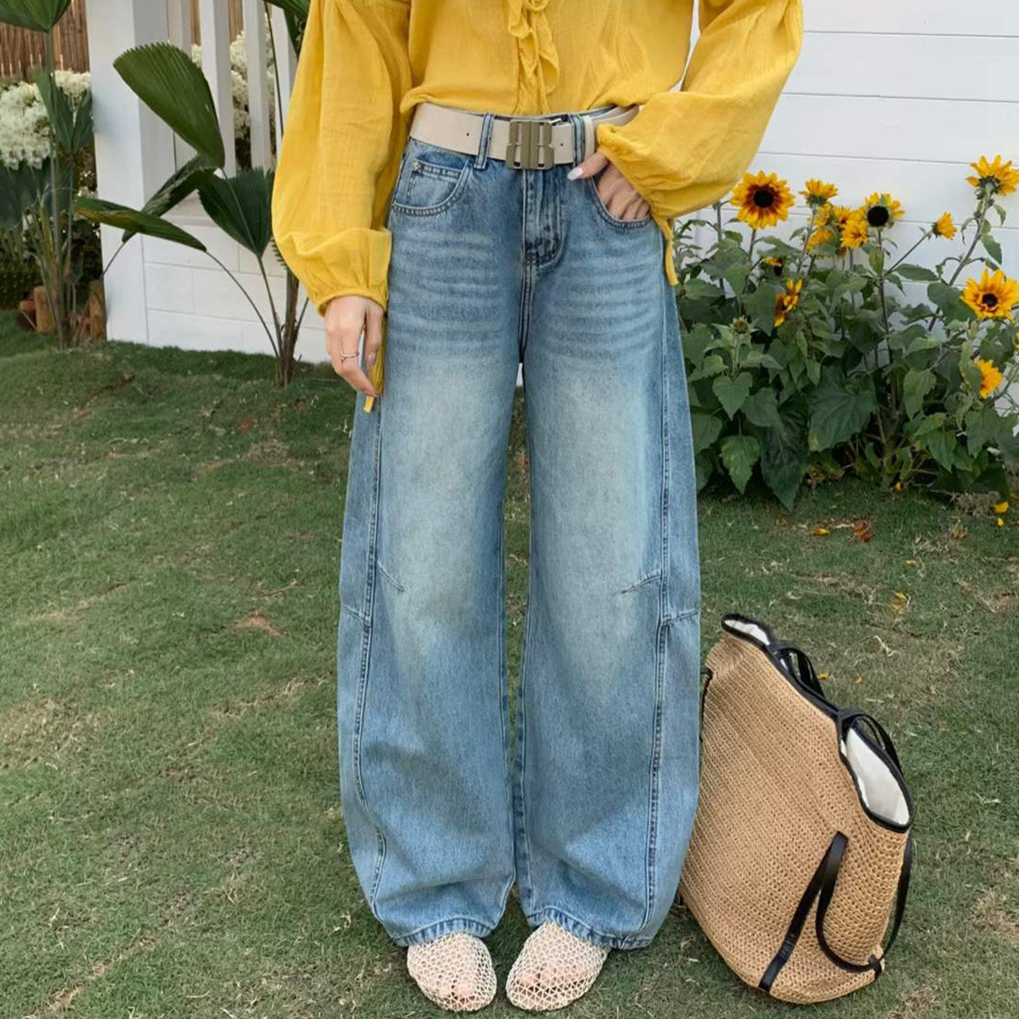 2026春季新款Jeans阿凡牛A5543浅蓝宽松显瘦百搭女牛仔阔腿弯刀裤