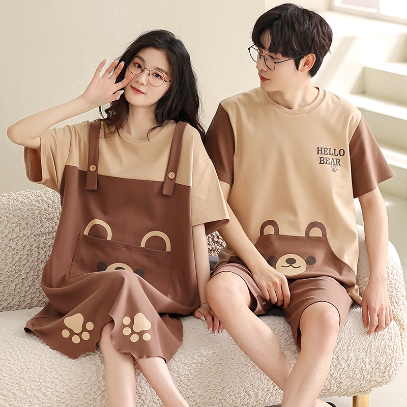情侣睡衣夏款纯棉2026年新款女士睡裙可外穿休闲卡通男家居服套装