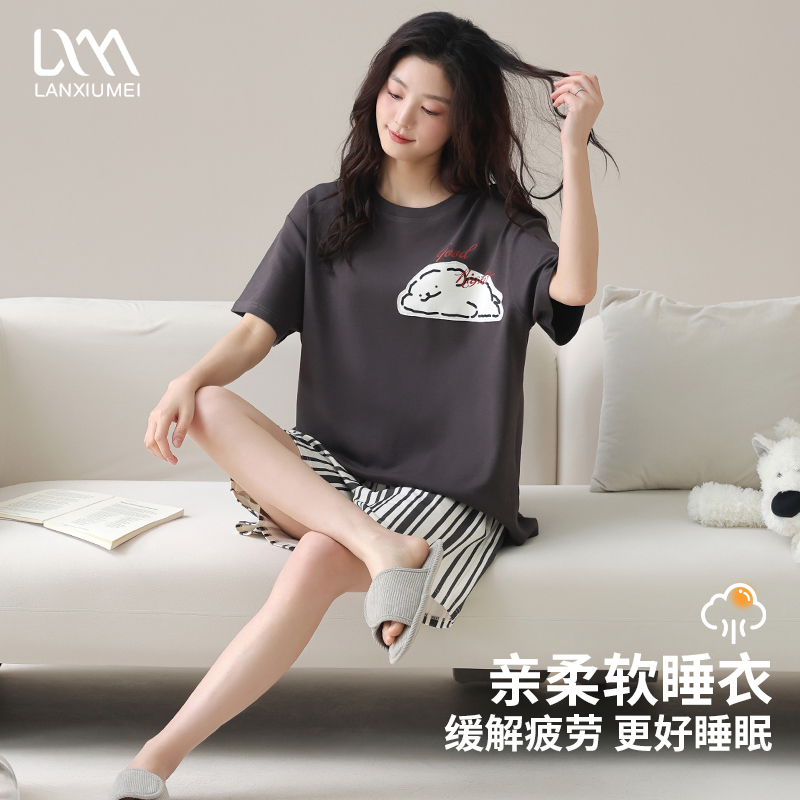 睡衣女纯棉夏款2025新款夏季卡通小狗短袖短裤薄款女士家居服套装