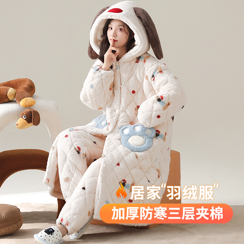 冬季保暖三层夹棉睡袍女套装