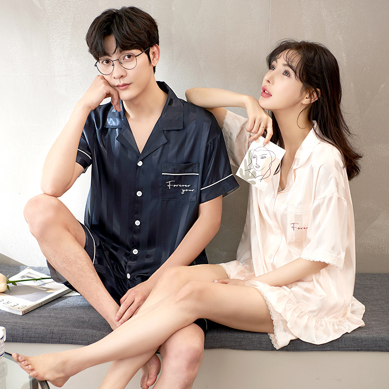 情侣睡衣夏季短袖冰丝情侣装一男一女丝绸可外穿夏简约家居服套装
