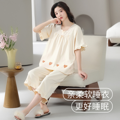 睡衣女款夏季纯棉短袖短裤女士甜美休闲简约拉架棉夏天家居服套装