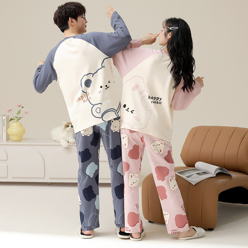 带胸垫一体情侣睡衣秋款纯棉长袖女士休闲男士大码舒适家居服套装