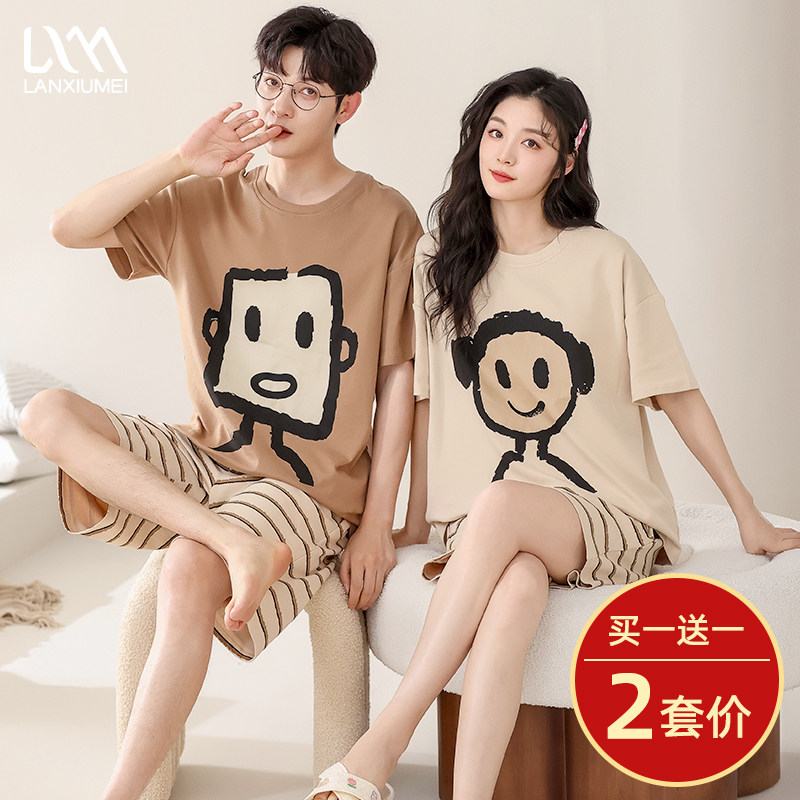 情侣睡衣纯棉短袖短裤夏季男女甜美可爱卡通大码可外穿家居服套装
