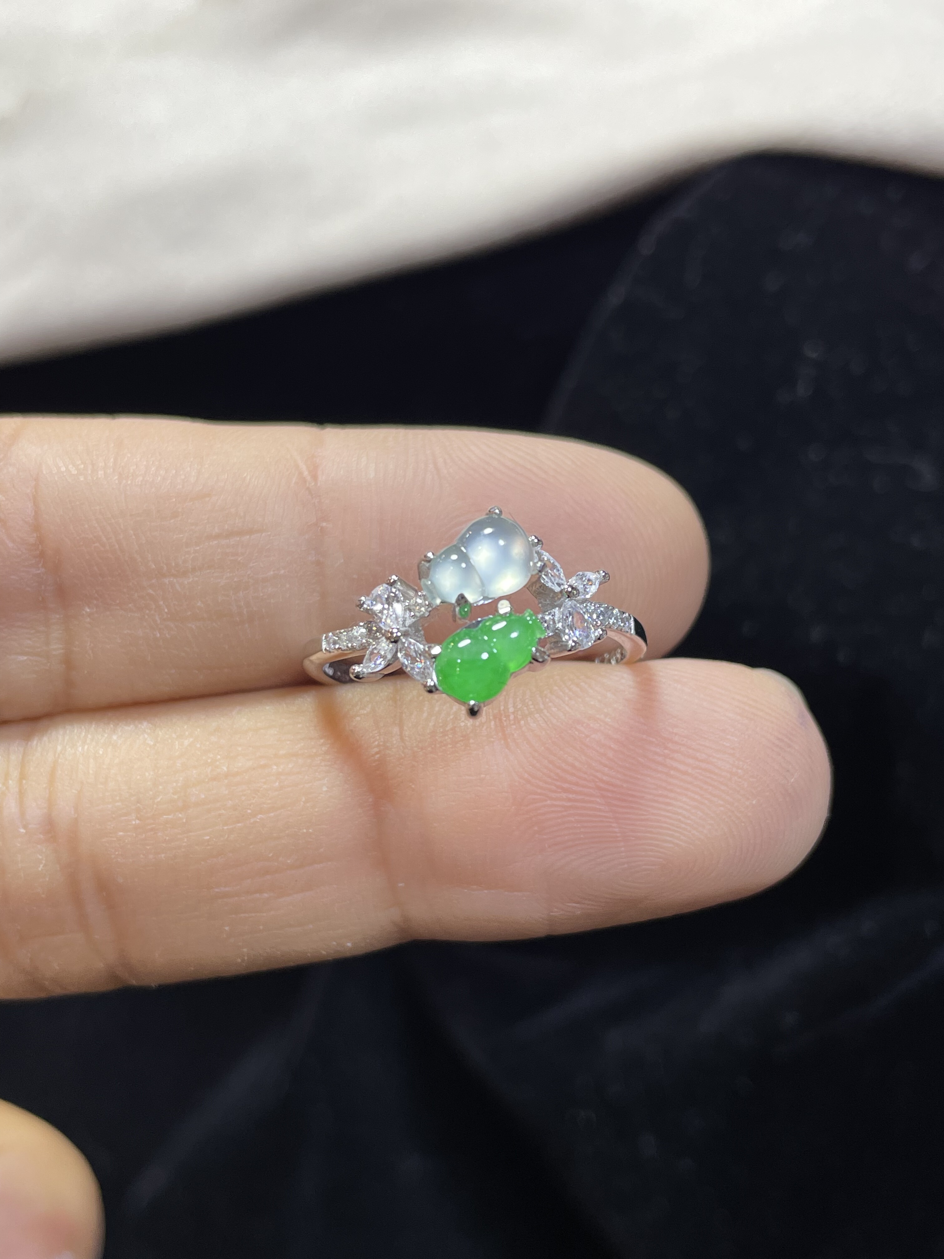 缅甸天然A货翡翠冰种正阳绿满色葫芦925银镶戒指