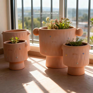 红陶盆多肉绿植盆栽彩色陶粒波点双耳做旧透气造型复古陶土花盆