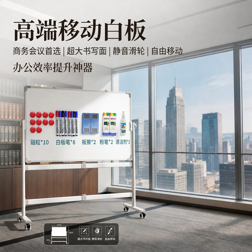 磁吸可移动白板支架式办公会议家用立式升降静音滑轮写字板可擦写白板面板教学培训记事板商用椭圆支架看板