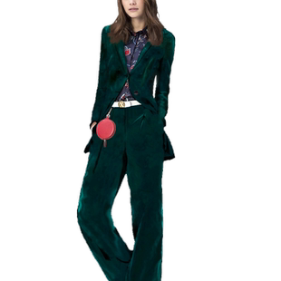 春装新款金丝绒绿色中长款修身西装套装女时尚西服阔腿裤秋女装