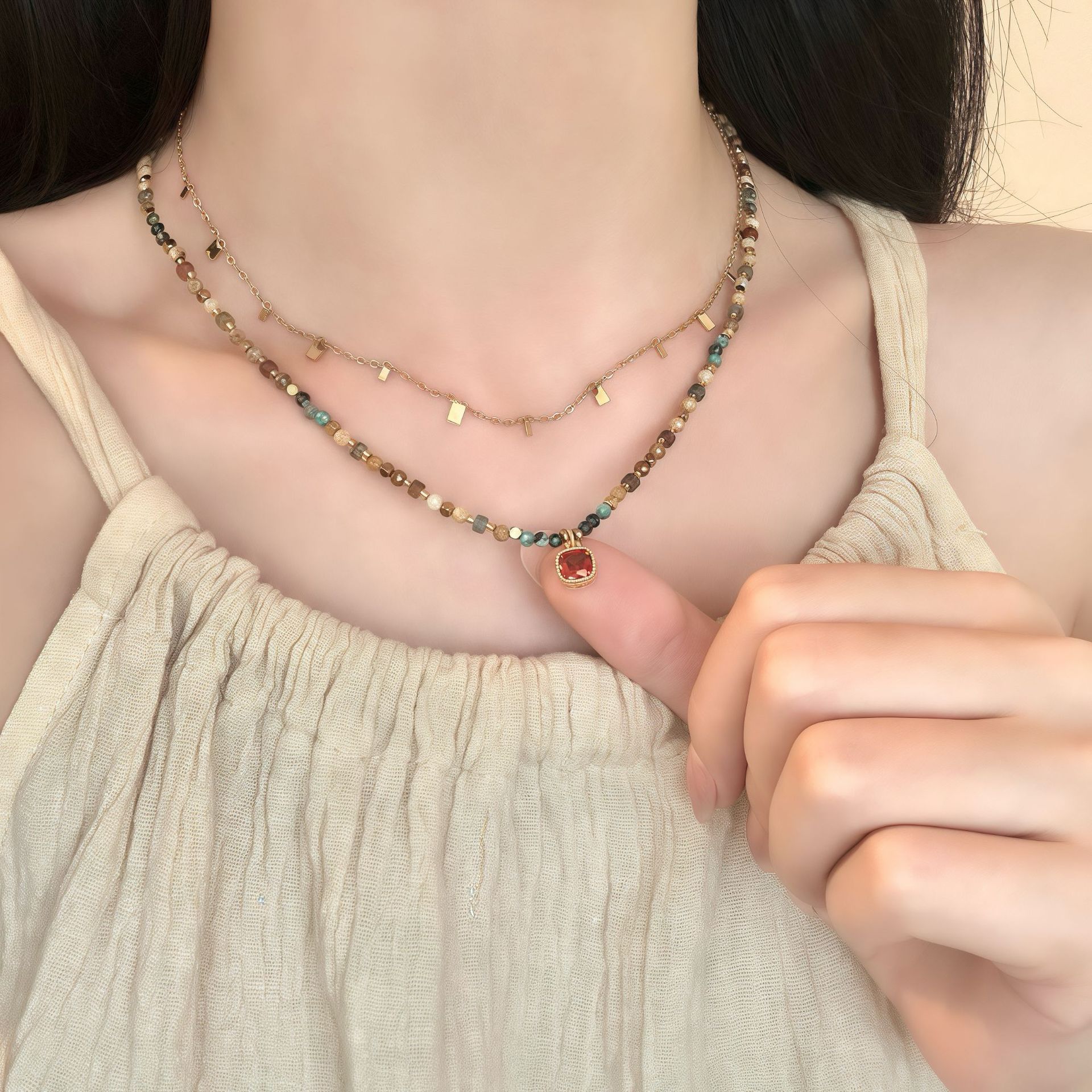 彩色天然石串珠叠戴项链配饰女美拉德复古吊坠颈链设计感锁骨链