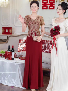 喜婆婆旗袍直播间专用显瘦醋酸七分袖高档婚宴礼服红色喜庆