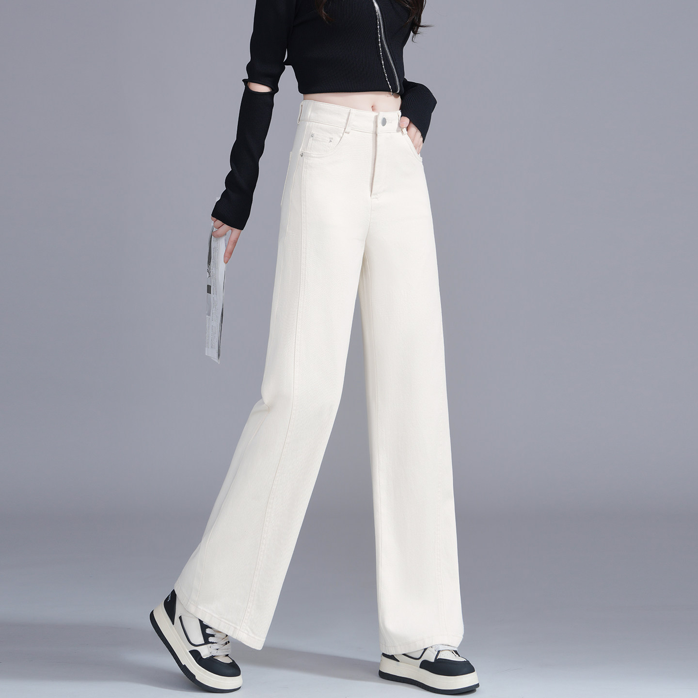 米白色高腰阔腿牛仔裤女秋季新款宽松休闲遮肉显瘦时尚百搭直筒裤,女装/女士精品,牛仔裤,淘宝优惠券,粉丝福利购,淘宝优惠卷