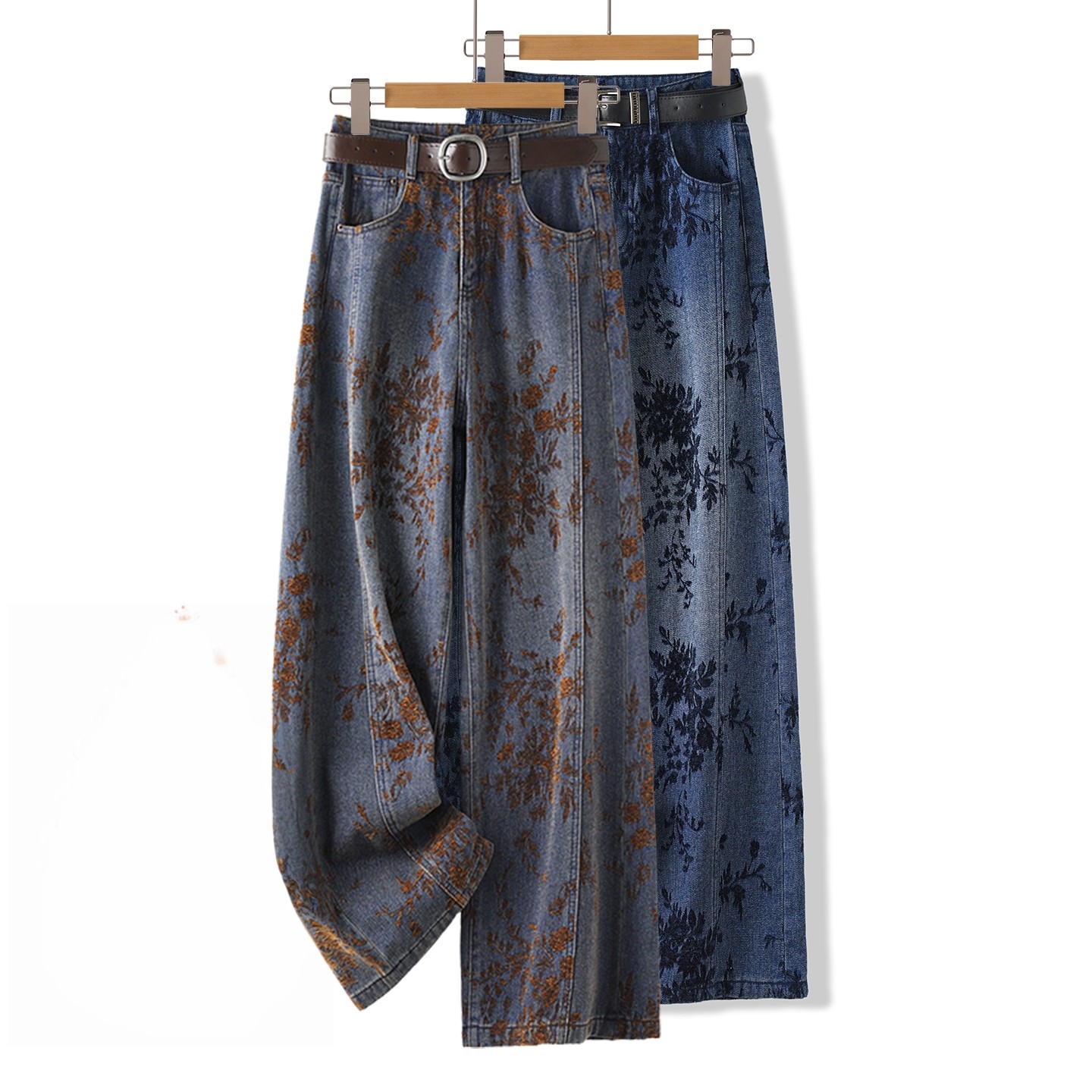 植绒绣花阔腿牛仔裤女冬季新款高腰女士宽松休闲裤加厚保暖直筒裤 - 友佳裤子出品