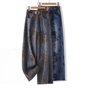 植绒绣花阔腿牛仔裤女冬季新款高腰女士宽松休闲裤加厚保暖直筒裤