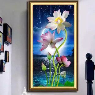 大格四股满绣新款精准印布鱼戏莲叶间荷花图玄关荷塘月色竖版自绣