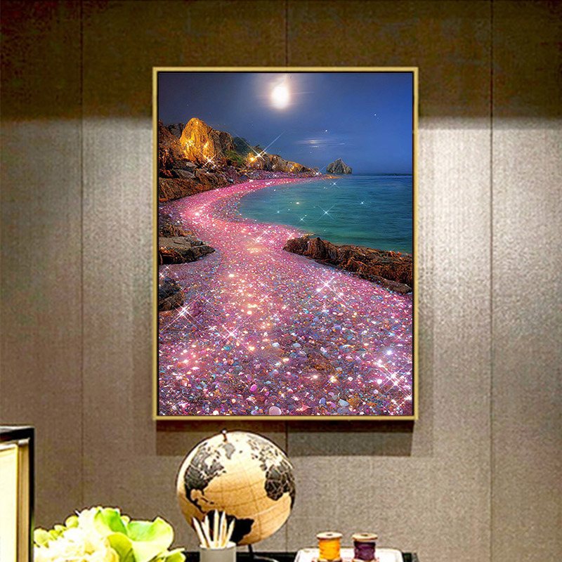自粘砖石画满钻梦幻彩石海岸风景