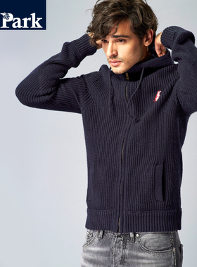 连帽毛衣拉链开衫男美式休闲修身粗元宝针织竖条纹质感运动厚外套