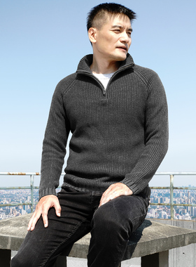 半高领毛衣粗针织厚美式休闲男插肩长袖复古半开拉链套头羊毛线衫