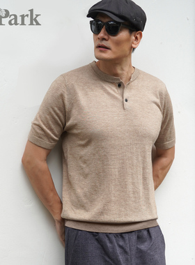 亨利领短袖T恤修身打底美式休闲男柔软透气14针轻薄细羊毛针织衫