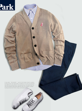 春V领开衫薄毛衣男美式修身纯色棉混纺柔软弹力透气休闲针织线衫