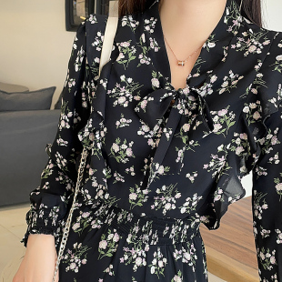 春夏韩版 裙子收腰显瘦气质森系大码 碎花雪纺连衣裙女长款 减龄新款