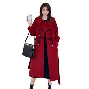 新中式2026新款秋冬季红色呢子大衣毛呢外套女中长大码中国风结婚
