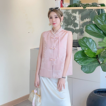 粉色高级感提花亮面新中式马甲女夏薄款无袖马甲背心中国风大码胖