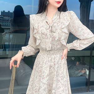 2025新款碎花雪纺连衣裙女长款裙子收腰显瘦气质森系大码春夏韩版