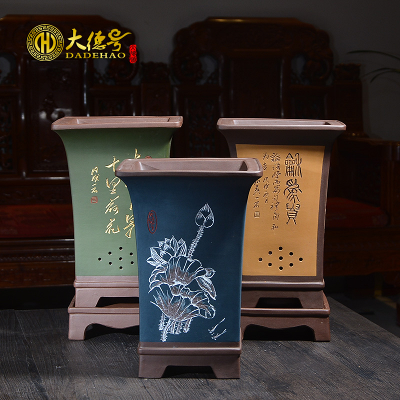 紫砂兰花花盆 陶瓷盆栽建兰兰花专用盆 高四方形带托盘大号盆景盆