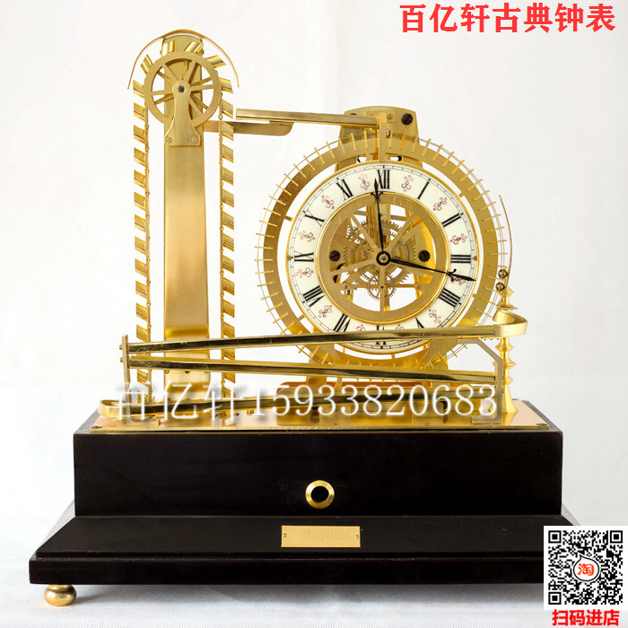 水车钟镀金机械钢珠趣味机械玻璃罩座钟仿古董工艺摆设风水台钟