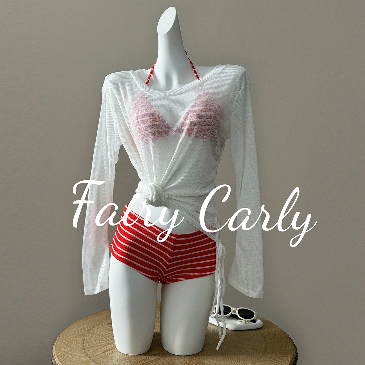 红色条纹显白性感比基尼长袖蝴蝶罩衫防晒度假分体泳衣女显瘦遮肉