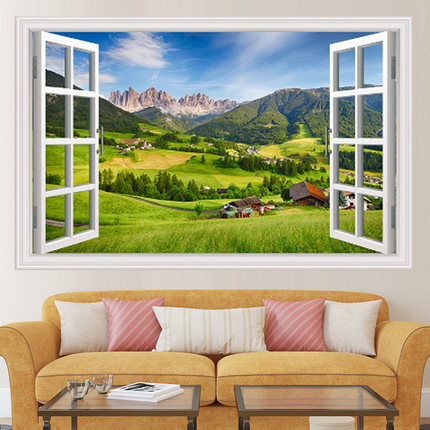 风景画墙贴3D立体壁画贴纸自粘客厅背景墙装饰画假窗卧室沙发墙纸