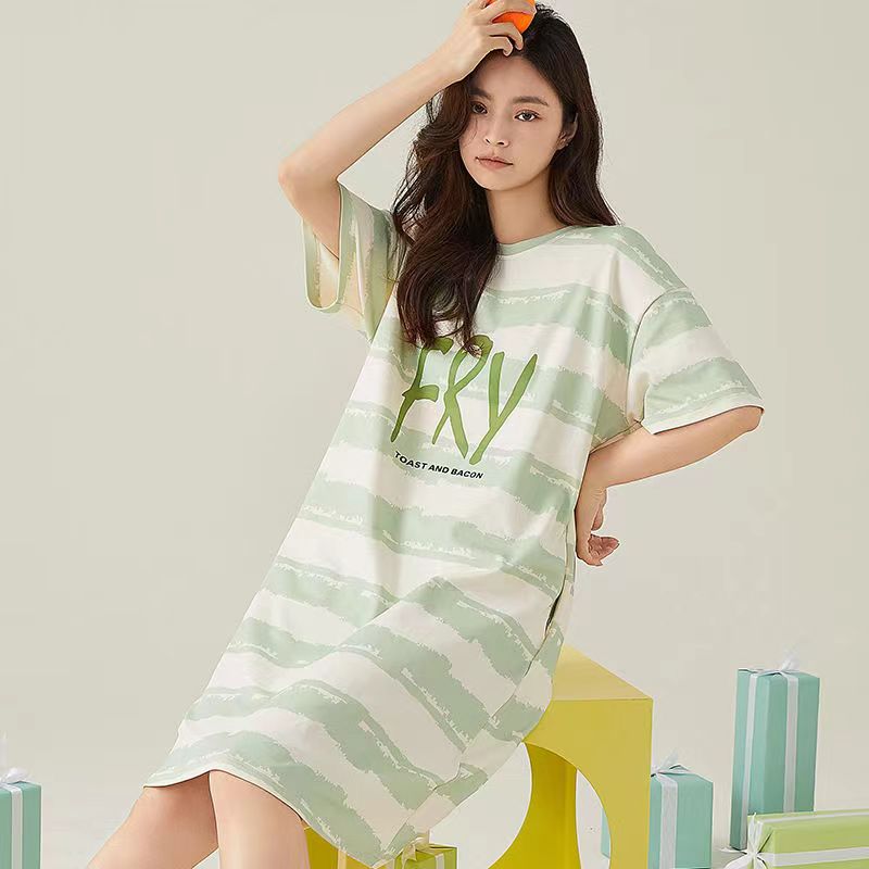 新款睡裙女款夏季纯棉短袖中长款大码胖mm休闲可外穿家居服睡衣