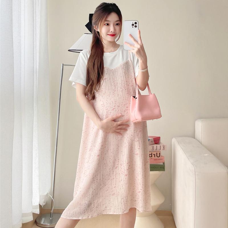 孕妇夏装连衣裙雪纺T恤裙假两件吊带套装纯棉小个子时尚短袖裙子