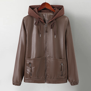 带帽子中老年女春秋装 n78秋季 中年妈妈装 皮衣短款 c08皮外套 连帽衫