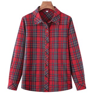 纯棉休闲打底衫 w76春秋装 衬衫 格子长袖 a08中老年女衬衣外套 妈妈装