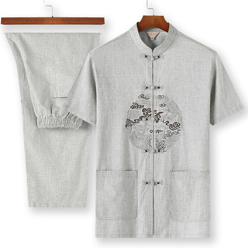 h15夏装短袖亚麻套装男中老年爸爸装a91休闲衣服一套麻料2025唐装