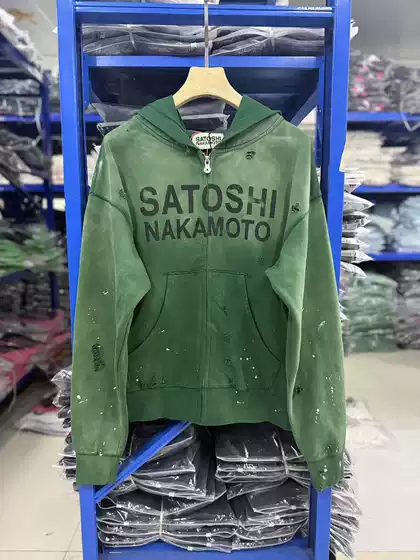 Satoshi Nakamoto Classic Letter Print Loose Splatter Zipper Jacket Unisex Distressed Hoodie Trendy