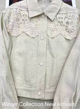 LC-26年春款欧美时尚拼蕾丝翻领时尚短外套YS-3606
