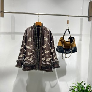 LC订制聚氨酯 法绣蝴蝶钉珠保暖棉服外套G383G6123 蛋白皮