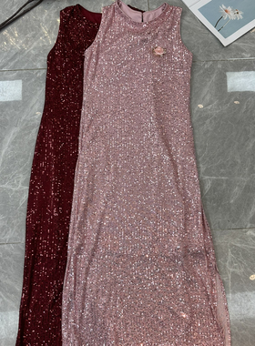 LC-领修身红色重工亮片复古礼服背心连衣裙(配胸针)YS140-B12