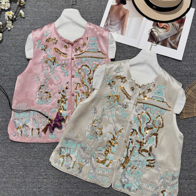 LC-26年早春新中式重工时尚刺绣盘扣显瘦马甲XMS7297