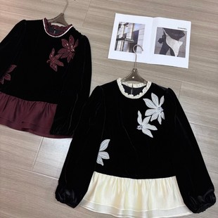 LC片刺绣拼色双层荷叶下摆气质减龄真丝丝绒小衫 G322 YS274