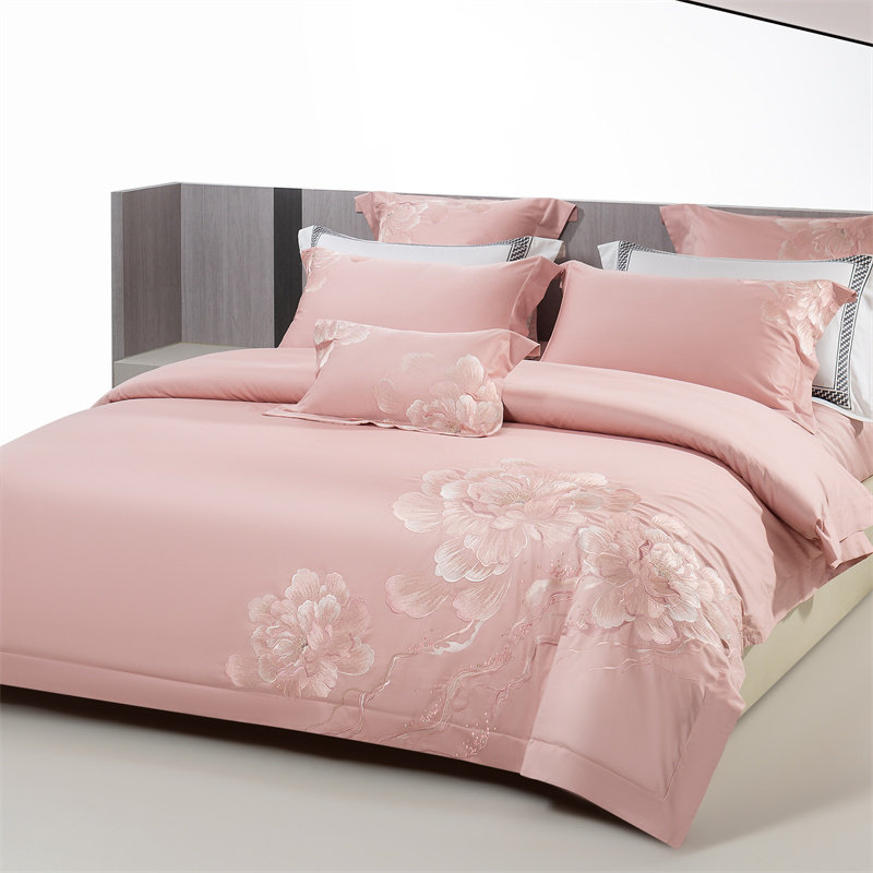 田园全棉床上四件套纯棉粉红色刺绣被罩床单长绒棉结婚床品高级感