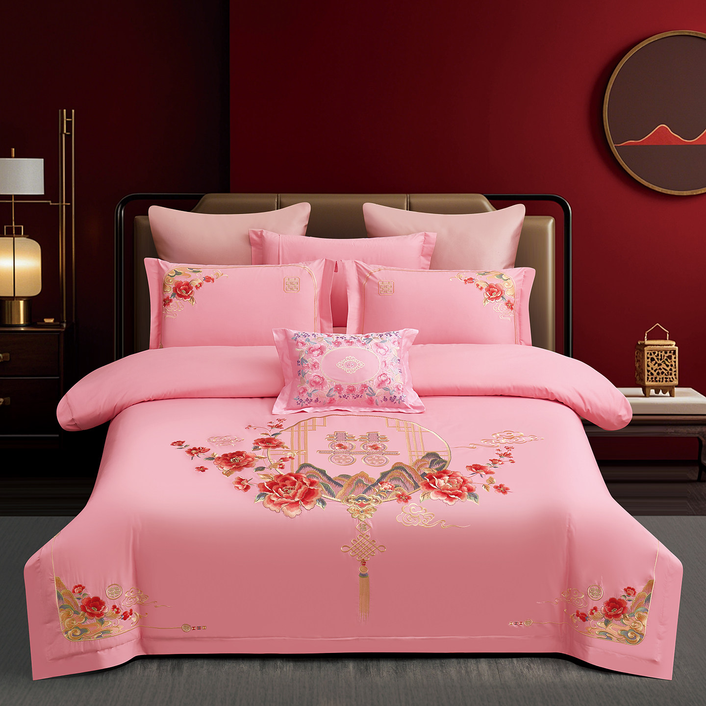 2026新款结婚庆全棉床上四件套粉色刺绣被罩纯棉陪嫁床品四季通用