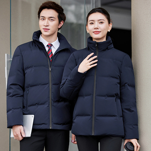 男女同款黑色短款通勤羽绒服冬加厚保暖4S店营业厅工作服定制logo