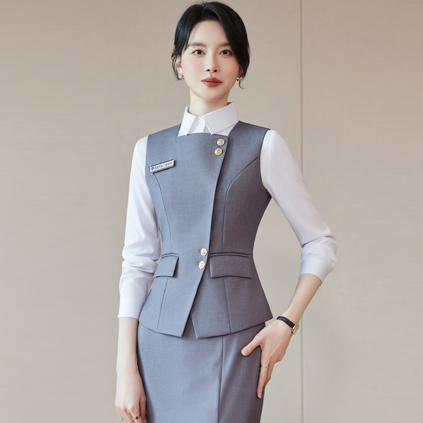 气质灰色藏青马甲套裙酒店工作服女设计感时尚珠宝店前台工装制服