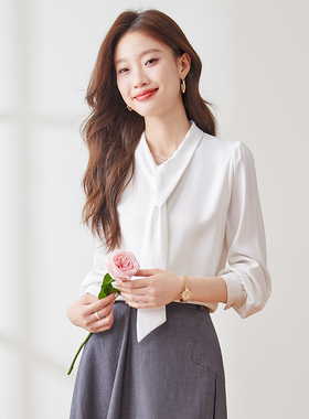 春新品设计感白色雪纺长袖衬衫女飘带领洋气好搭配上衣OL气质通勤