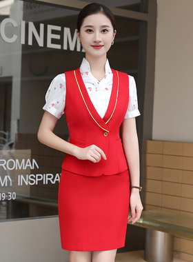 大红色马甲套裙空姐空乘制服OL工作服宝蓝玫红酒红迎宾前台员工服