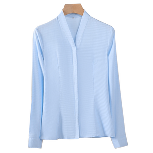 白色衬衫女长袖V领45棉斜纹空乘面试职业制服套装气质服务员套裙