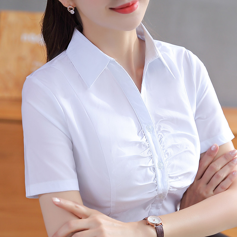 夏季女修身高弹气质胸前短袖衬衫图片